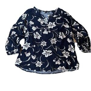 Talbots Blouse 14W Navy Blue Embroidered White Floral Split Neck 3/4 Sleeve